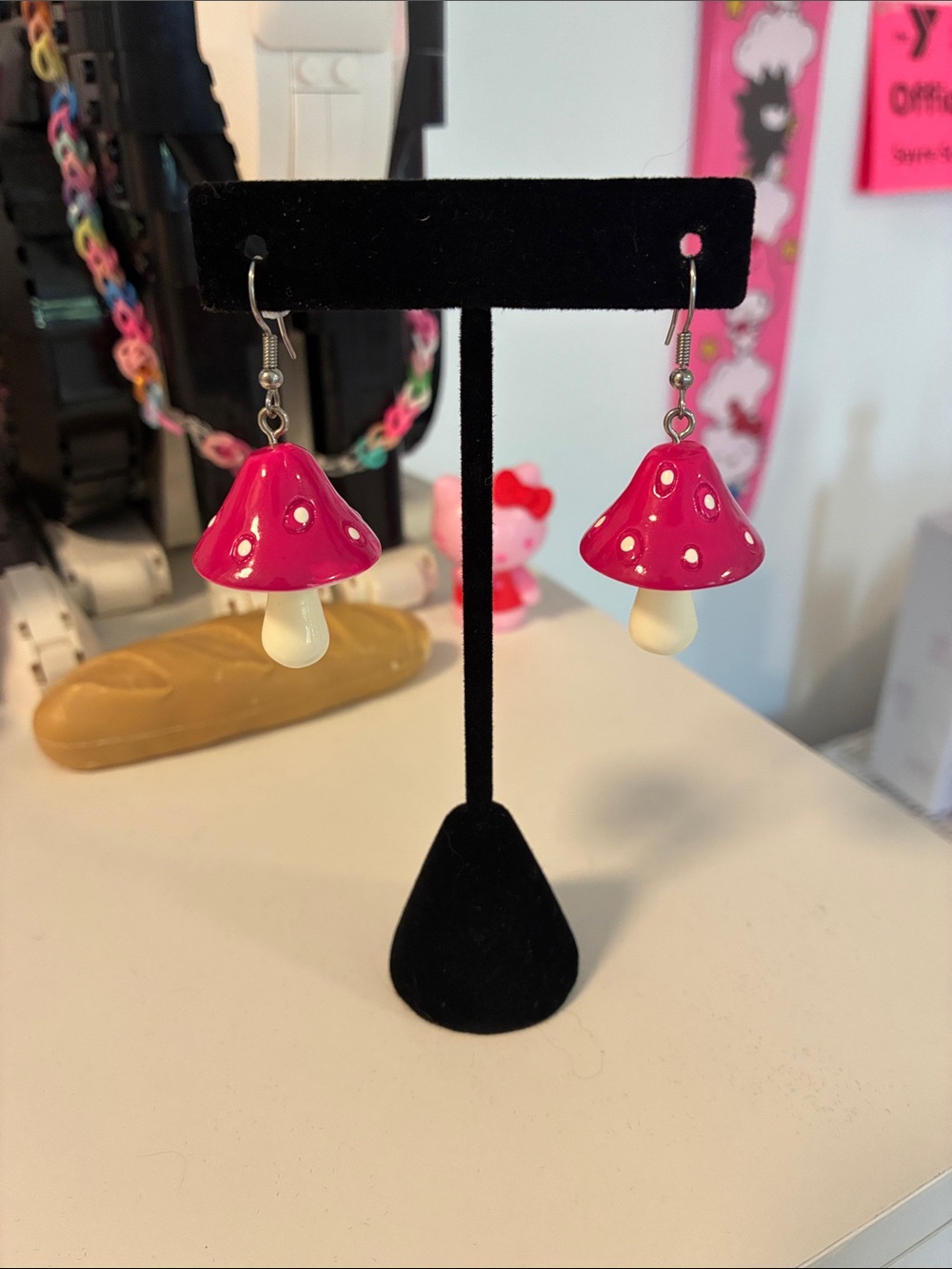 Pink Mushroom Drop Earrings Chunky Colorful Cottagecore